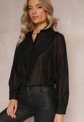 Czarna Koszula na Guziki z Ozdobną Koronką Raneem. Czarne bluzki damskie Renee, m, bez wzorów, z koronki, bez kołnierzyka, bez ramiączek. Za 119.99 zł.