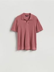 Sweter polo z domieszką lnu - brudny róż. Czerwone swetry przez głowę męskie Reserved, l, bez wzorów, z wiskozy, bez kołnierzyka. Za 129.99 zł.