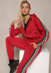 Czerwony Komplet Dresowy z Kolorowym Lampasem Bluza z Kapturem i Spodnie Joggery Nevarielles. Czerwone bluzy damskie Renee, l, bez wzorów, z dresówki, z kapturem. Za 99.99 zł.