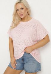 Różowy T-shirt z Bawełną i Ażurowym Wzorem Puzira. Czerwone bluzki damskie Born2be, s, w ażurowe wzory, z bawełny, eleganckie, bez kołnierzyka, bez ramiączek. Za 34.99 zł.