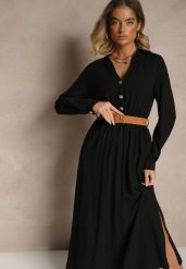 Czarna Wiskozowa Sukienka o Rozkloszowanym Kroju z Paskiem i Rozcięciem Reirissa. Czarne sukienki damskie Renee, na co dzień, l, bez wzorów, z wiskozy, eleganckie, bez kołnierzyka, bez ramiączek, maxi, rozkloszowane. Za 119.99 zł.