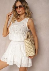 Biała Ażurowa Bluzka Top z Bawełny Bez Rękawów Aalnea. Białe koszule damskie Renee, l, w ażurowe wzory, z bawełny, eleganckie, bez kołnierzyka, bez ramiączek. Za 39.99 zł.