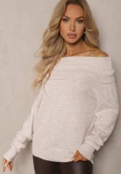 Beżowy Sweter z Wiskozą i Wełną Ozdobiony Wywiniętym Dekoltem Ravarienne. Brązowe swetry damskie Renee, na zimę, m, bez wzorów, z wełny, casualowe, bez kołnierzyka, bez ramiączek, bez kaptura. Za 84.99 zł.