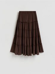 Spódnica z wiskozy - ciemnobrązowy. Brązowe spódnice damskie Reserved, l, bez wzorów, z wiskozy, rozkloszowane. Za 149.99 zł.