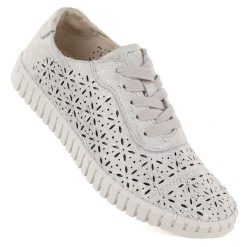 Półbuty damskie ażurowe złote Potocki JE19437. Żółte półbuty damskie POTOCKI, w ażurowe wzory, ze skóry ekologicznej, bez obcasa, bez zapięcia. Za 199.99 zł.