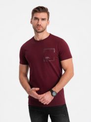 Bawełniany męski t-shirt z nadrukiem na kieszonce bordowy V2 OM-TSPT-0154 XXL. Czerwone t-shirty męskie Ombre, m, bez wzorów, z bawełny, bez kołnierzyka. Za 226.92 zł.