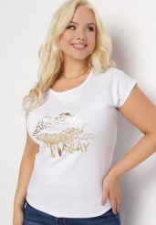 Biały T-shirt z Metalicznym Złotym Nadrukiem Slay Khaji. Białe bluzki damskie Born2be, xl, bez wzorów, bez kołnierzyka. Za 49.99 zł.