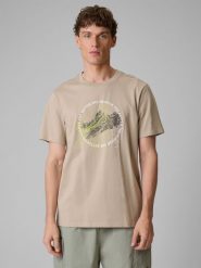 4F T-shirt regular z nadrukiem męski - beżowy L. Brązowe t-shirty męskie 4f, l, bez wzorów, z bawełny, bez kołnierzyka. Za 69.99 zł.