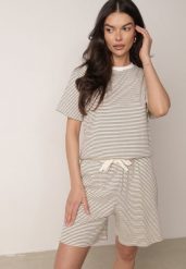 Kremowo-Czarne Bawełniane Szorty Dresowe w Drobne Paseczki Wiązane na Sznurki Loregune. Brązowe szorty damskie Born2be, l, bez wzorów, z bawełny, eleganckie. Za 59.99 zł.