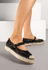 Czarne Espadryle na Plecionej Podeszwie z Paskiem i Koronkową Cholewką Tatonia. Czarne espadryle damskie Renee, na lato, bez wzorów, z koronki, eleganckie, bez obcasa, bez zapięcia. Za 69.99 zł.