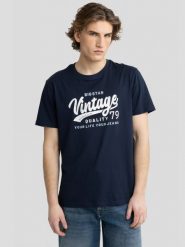 Koszulka męska z nadrukiem na piersi granatowa Gralis 403. Niebieskie t-shirty męskie Big Star, l, bez wzorów, z bawełny, retro, bez kołnierzyka. W wyprzedaży za 59.99 zł.