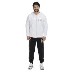 Męski dres z kapturem w kolorze złotym. Białe buty sportowe męskie LEONE 1947 APPAREL, z dresówki, bez zapięcia, na fitness i siłownię. Za 147.31 zł.