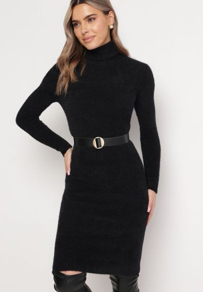 Czarna Sweterkowa Puchata Sukienka Midi z Wełny z Golfem Sebhat. Czarne sukienki damskie Born2be, bez wzorów, z dzianiny, bez kołnierzyka, bez ramiączek, midi. Za 64.99 zł.