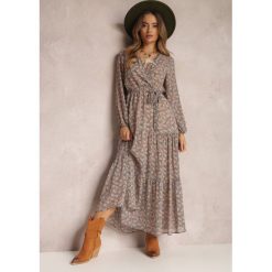 Beżowo-Granatowa Sukienka Maxi Boho Edei. Brązowe sukienki damskie Renee, l, bez wzorów, z tkaniny, boho, bez kołnierzyka, bez ramiączek, maxi, kopertowe. Za 59.99 zł.