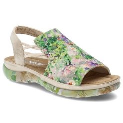 Sandały damskie Rieker, cholewka ze skóry ekologicznej z materiałowym wnętrzem i wsuwane, kolorowe, 64841-90. Zielone klapki damskie Rieker, bez wzorów, z materiału, bez obcasa, bez zapięcia. Za 299.00 zł.