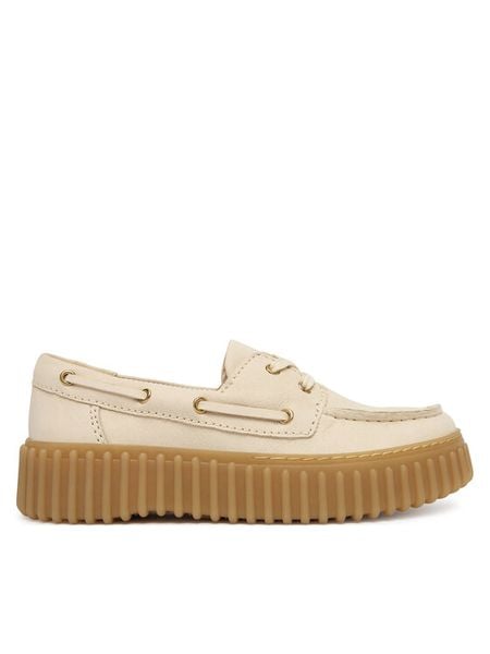 Clarks Półbuty Torhill Boat 26186302 Écru. Białe półbuty damskie Clarks, bez wzorów, z nubiku, bez obcasa, na płaskiej podeszwie, bez zapięcia. Za 377.99 zł.
