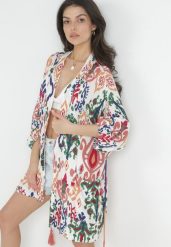Biała Tunika Wiązana w Fantazyjny Print Eiretine. Białe tuniki damskie Born2be, l, z aplikacjami, z tkaniny, bez kołnierzyka, bez ramiączek. Za 74.99 zł.