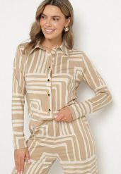 Beżowa Koszula z Wiskozą Ozdobiona Geometrycznym Wzorem Solselia. Brązowe bluzki damskie Born2be, l, bez wzorów, z wiskozy, eleganckie, bez kołnierzyka, bez ramiączek. Za 99.99 zł.