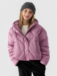 4F Kurtka puchowa z wypełnieniem syntetycznym dziewczęca - różowa 140 (9-10 lat). Czerwone kurtki i płaszcze dla dziewczynek 4f, na zimę, bez wzorów, z dzianiny, z kapturem. W wyprzedaży za 99.99 zł.