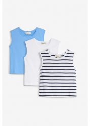 Tank top z czystej bawełny (3 sztuki). Niebieskie koszule dla chłopców bonprix, bez wzorów, z bawełny, bez kołnierzyka, bez ramiączek. Za 59.99 zł.
