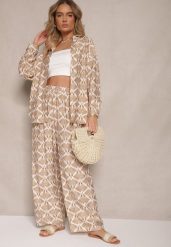 Beżowo-Brązowy Komplet z Wiskozy Koszula i Spodnie w Ornamentalny Print Desanelia. Brązowe koszule damskie Renee, l, bez wzorów, z wiskozy. Za 74.99 zł.