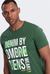 Ombre Bawełniany męski t-shirt z dużym napisem zielony V1 OM-TSPT-0193 S. Zielone t-shirty męskie Ombre, m, bez wzorów, z bawełny, bez kołnierzyka. Za 29.99 zł.