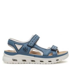 Sandały Rieker. Niebieskie klapki damskie Rieker, bez wzorów, bez obcasa, na płaskiej podeszwie, bez zapięcia. Za 239.99 zł.