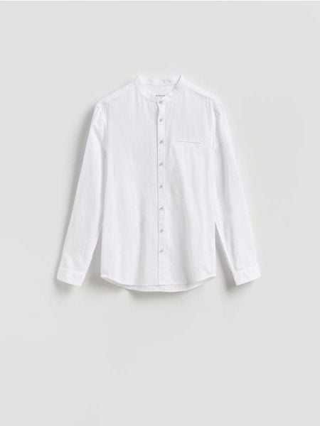 Koszula slim fit z lnem - biały. Białe koszule męskie Reserved, l, bez wzorów, z bawełny, bez kołnierzyka, bez ramiączek. Za 119.99 zł.