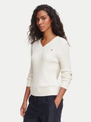 Tommy Hilfiger Sweter WW0WW44987 Kremowy Regular Fit. Białe swetry damskie Tommy Hilfiger, xxs, bez wzorów, z bawełny, bez kołnierzyka, bez ramiączek, bez kaptura. Za 529.99 zł.