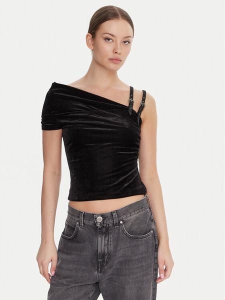 Versace Jeans Couture Bluzka 79HAM616 J0237 Czarny Slim Fit. Czarne bluzki damskie Versace Jeans Couture, bez wzorów, z jeansu, bez kołnierzyka, bez ramiączek. Za 489.99 zł.