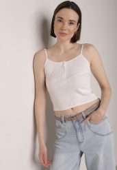 Biały Top na Ramiączkach z Prążkowanej Tkaniny z Bawełny z Guzikami Bermisa. Białe bluzki damskie Born2be, m, bez wzorów, z bawełny, eleganckie, bez kołnierzyka, bez ramiączek. Za 29.99 zł.