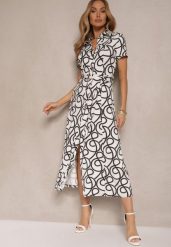 Czarno-Biała Sukienka z Wiskozą o Koszulowym Kroju z Geometrycznym Wzorem Saravione. Czarne sukienki damskie Renee, na lato, l, bez wzorów, z wiskozy, eleganckie, bez kołnierzyka, bez ramiączek, koszulowe. Za 169.99 zł.