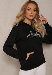 Czarna Bluza Ozdobiona Napisem z Kangurkową Kieszenią i Kapturem Hecconia. Czarne bluzy damskie Renee, l, bez wzorów. Za 69.99 zł.