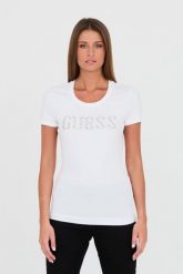 GUESS Biały t-shirt Stones Logo Tee. Białe t-shirty damskie Guess, s, z aplikacjami, z bawełny, bez kołnierzyka. W wyprzedaży za 202.99 zł.