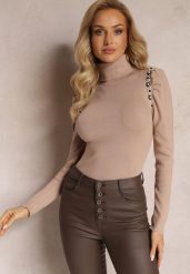Ciemnobeżowy Sweter Golf z Perełkami Przy Bufiastych Rękawach Hutta. Brązowe swetry damskie Renee, na zimę, bez wzorów, bez kołnierzyka, bez ramiączek, bez kaptura. Za 84.99 zł.