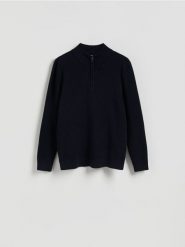 Sweter z rozpinaną stójką - granatowy. Niebieskie swetry przez głowę męskie Reserved, l, bez wzorów, z bawełny, bez kołnierzyka. Za 159.99 zł.