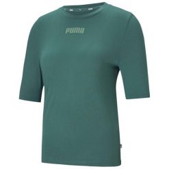 Koszulka damska Puma Modern Basics Tee Cloud zielona. Zielone koszulki sportowe damskie Puma, xs, bez wzorów, bez kołnierzyka, bez ramiączek, na jogę i pilates. Za 69.00 zł.