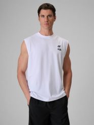 4F Koszulka bez rękawów loose z nadrukiem męska - biała L. Białe t-shirty męskie 4f, na lato, l, bez wzorów, z bawełny, wakacyjne, bez kołnierzyka. Za 59.99 zł.