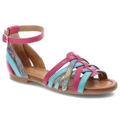 Sandały damskie Maciejka, rzymianki ze skóry naturalnej na płaskim obcasie zapinane sprzaczką, różowo-niebieskie, 06974-39-00-1. Niebieskie sandały damskie Maciejka, z aplikacjami, ze skóry, bez obcasa, na płaskiej podeszwie, bez zapięcia. Za 309.00 zł.
