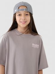 4F T-shirt oversize z nadrukiem dziewczęcy - beżowy 128 (7-8 lat). Brązowe t-shirty i topy dla dziewczynek 4f, bez wzorów, z bawełny, bez ramiączek. W wyprzedaży za 19.99 zł.
