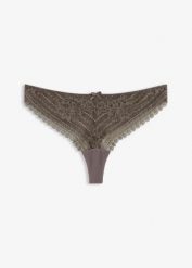 Stringi z delikatnej koronki (2 szt.). Szare stringi damskie bonprix, bez wzorów, z koronki. Za 59.98 zł.