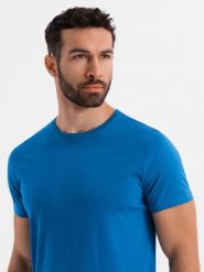Męski klasyczny bawełniany T-shirt BASIC - niebieski V12 - Rozmiar: L. Niebieskie t-shirty męskie Ombre Clothing, l, bez wzorów, z bawełny, klasyczne, bez kołnierzyka. W wyprzedaży za 29.99 zł.