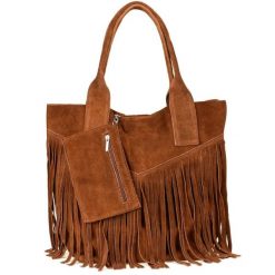 Shopperka boho skórzana VERA PELLE L83 koniakowa. Szare torebki do ręki damskie z aplikacjami, z materiału, boho, zamszowe, bez dodatków. Za 175.99 zł.