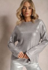 Srebrny Metaliczny Sweter z Długim Rękawem Vivalei. Szare swetry damskie Renee, m, bez wzorów, z dzianiny, casualowe, bez kołnierzyka, bez ramiączek, długie, bez kaptura. Za 119.99 zł.