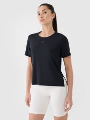 4F Koszulka treningowa oversize szybkoschnąca damska - czarna M. Czarne koszulki sportowe damskie 4f, m, bez wzorów, z dzianiny, bez kołnierzyka, bez ramiączek, na fitness i siłownię. Za 79.99 zł.