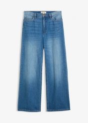 Jeansy wide leg, high waist. Niebieskie jeansy damskie bonprix, z podwyższonym stanem. Za 129.99 zł.