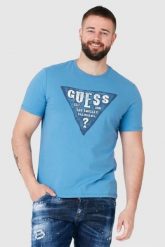GUESS Niebieski t-shirt męski z dużym logo, Rozmiar S. Niebieskie t-shirty męskie Guess, m, z aplikacjami, bez kołnierzyka. W wyprzedaży za 104.99 zł.