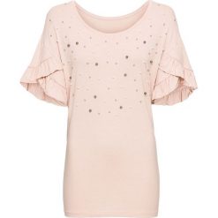 Shirt z dżerseju z perełkami bonprix matowy beżowy. Bluzki damskie bonprix. Za 37.99 zł.