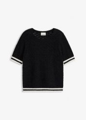 Sweter ażurowy z przędzy piórkowej. Czarne swetry damskie bonprix, w ażurowe wzory, eleganckie, bez kołnierzyka, bez ramiączek, bez kaptura. Za 159.99 zł.