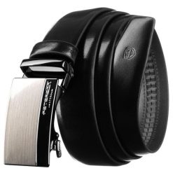 Męski pasek skórzany w czarnym kolorze z automatyczną, srebrną klamrą - Peterson. Czarne paski damskie Peterson, bez wzorów. Za 129.00 zł.